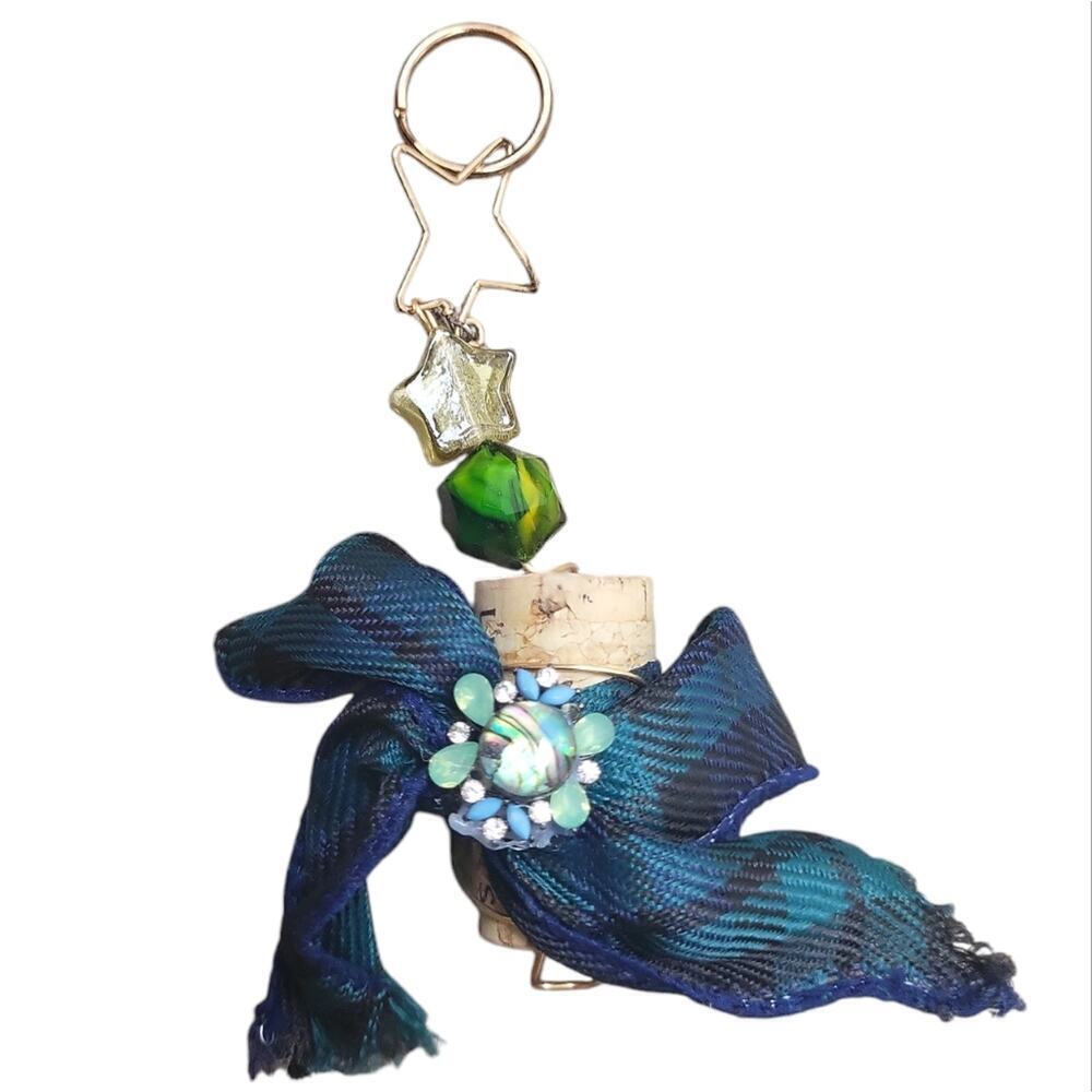 Gold Plated Star Cork Tartan Plaid Abalone Foil Glass Keychain Purse Charm